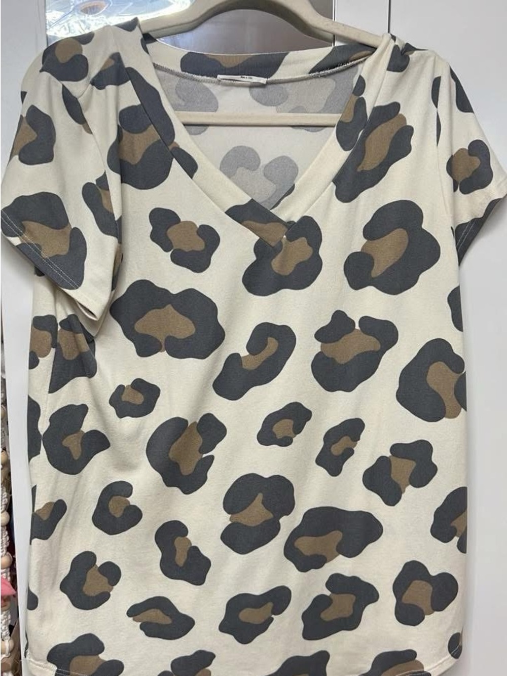 Women’s V-Neck Leopard Print Top in Cream and Brown